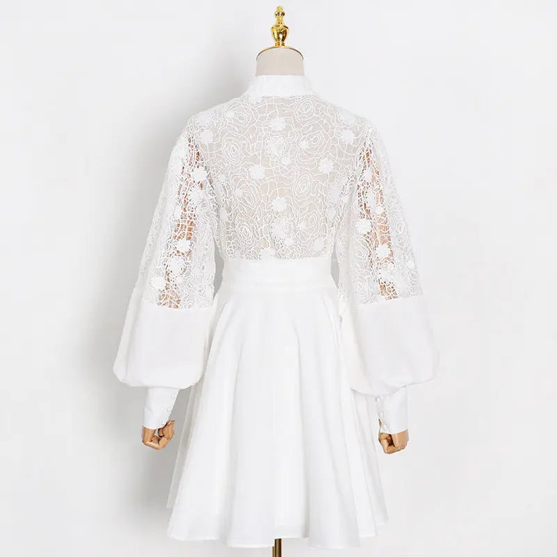 Fashion Temperament Stand Collar Lantern Sleeve Design Sexy Lace Perspective Short Dress Zunara Fashions