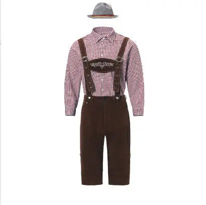 Traditional German beer festival Costume Halloween Plaid Shirt Men's Bib Hat Three-piece Suit Performance Wear Zunara Fashions