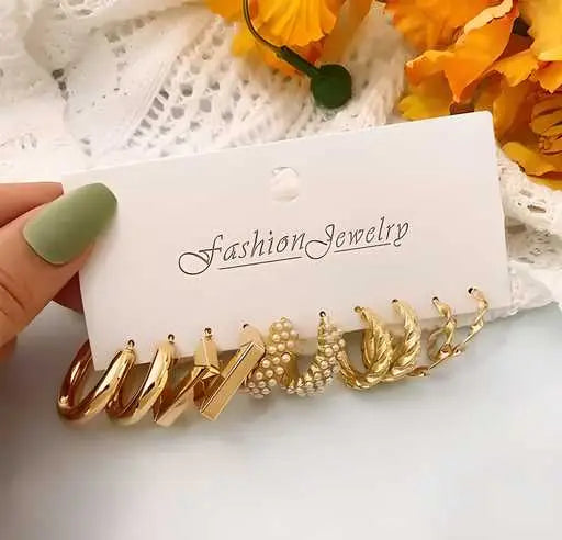 Avira Combo of 5 Pair Geometric Twisted Chain Pearl Hoop Earrings 65a027-52