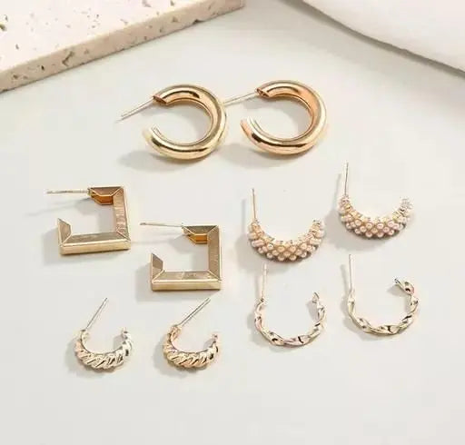 Avira Combo of 5 Pair Geometric Twisted Chain Pearl Hoop Earrings 65a027-52