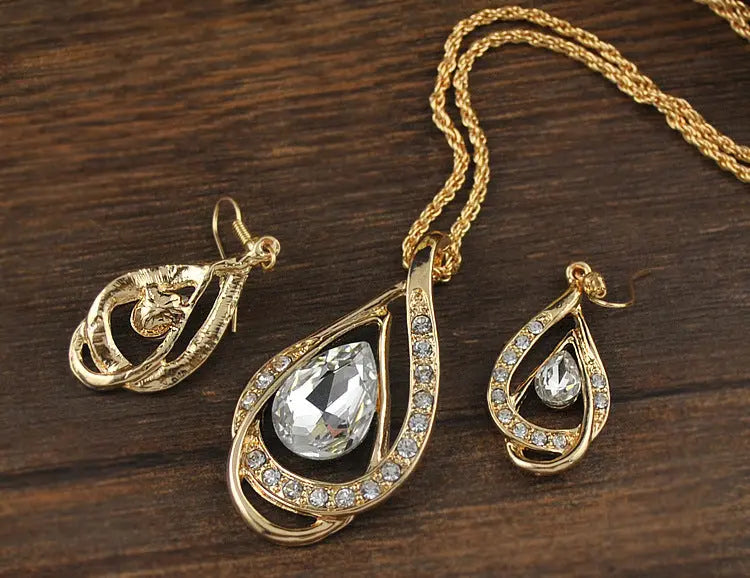 Double Drop Crystal Set Necklace Earrings Zunara Fashions
