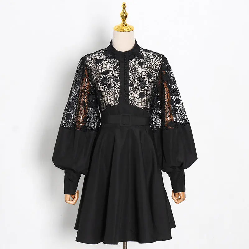 Fashion Temperament Stand Collar Lantern Sleeve Design Sexy Lace Perspective Short Dress Zunara Fashions