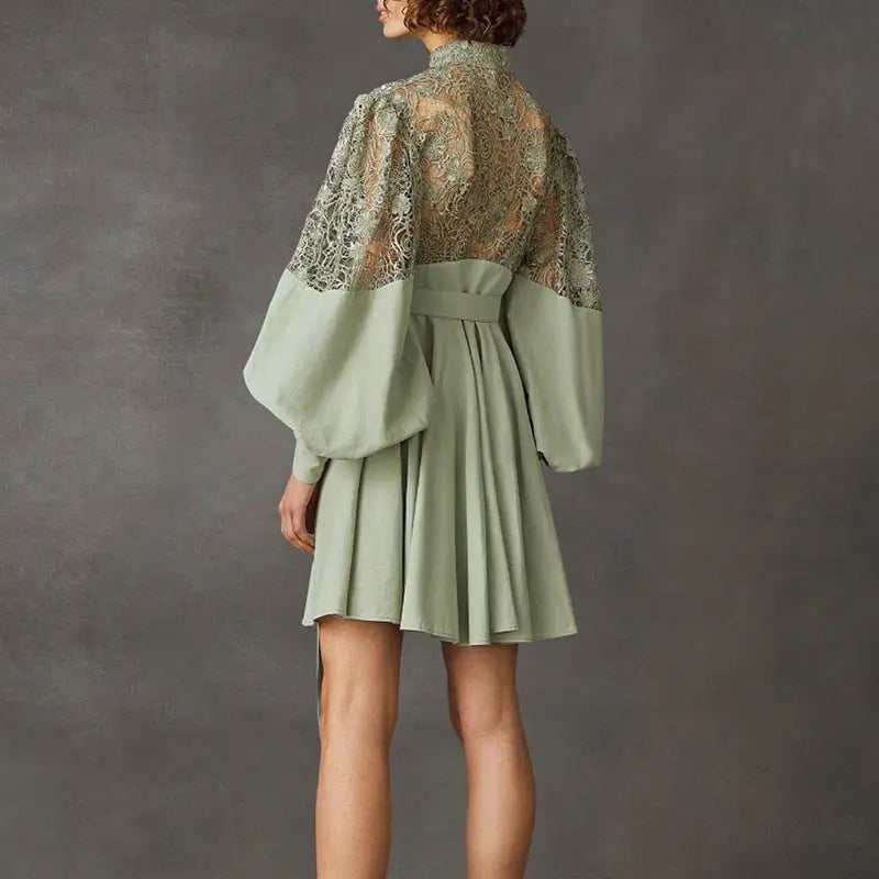 Fashion Temperament Stand Collar Lantern Sleeve Design Sexy Lace Perspective Short Dress Zunara Fashions