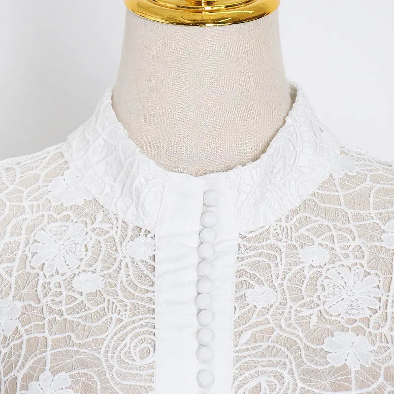 Fashion Temperament Stand Collar Lantern Sleeve Design Sexy Lace Perspective Short Dress Zunara Fashions
