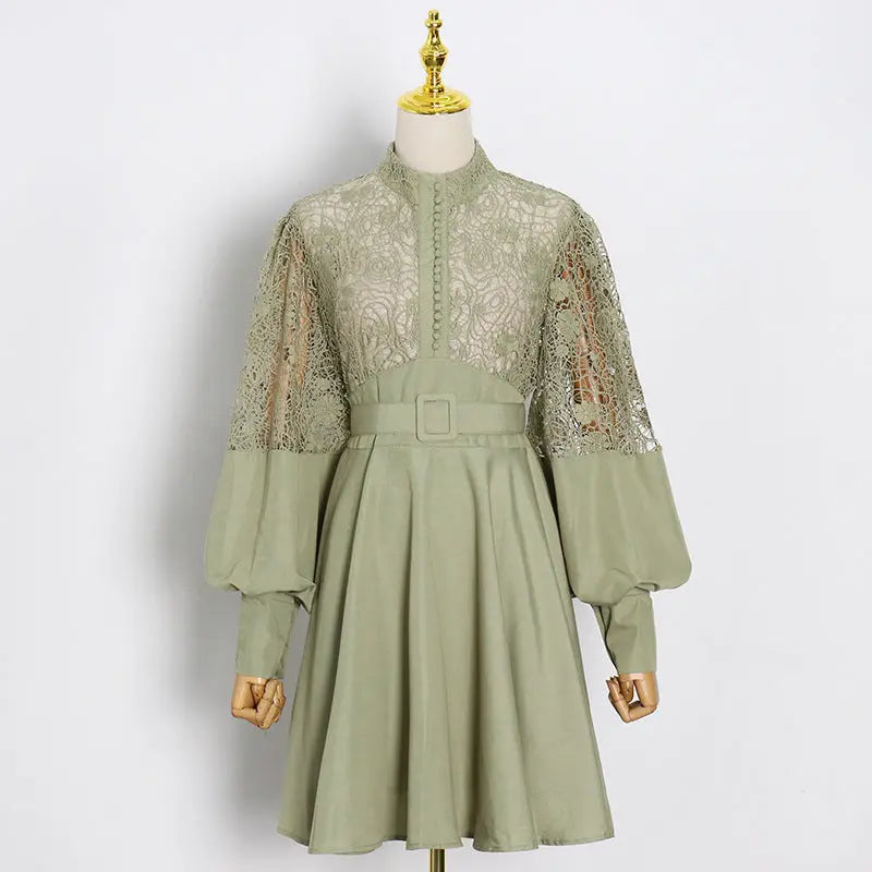 Fashion Temperament Stand Collar Lantern Sleeve Design Sexy Lace Perspective Short Dress Zunara Fashions