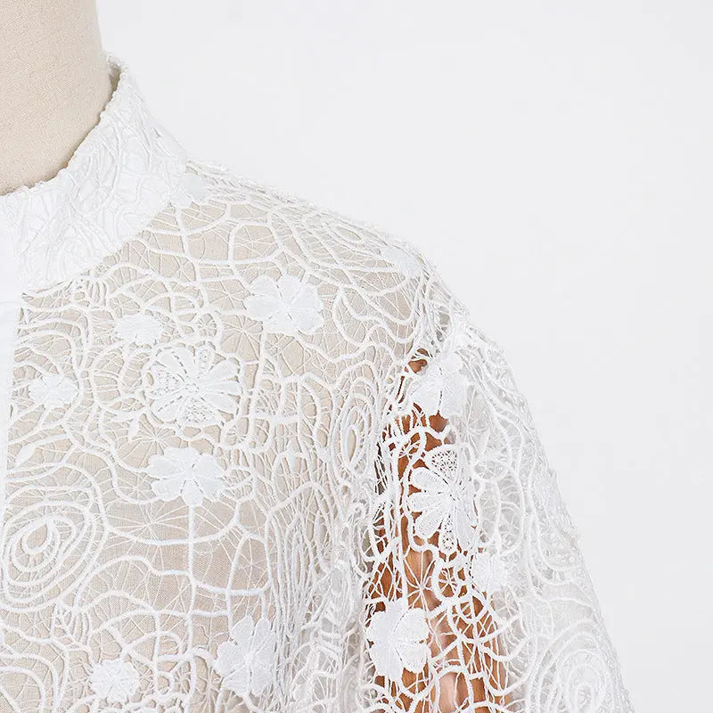 Fashion Temperament Stand Collar Lantern Sleeve Design Sexy Lace Perspective Short Dress Zunara Fashions