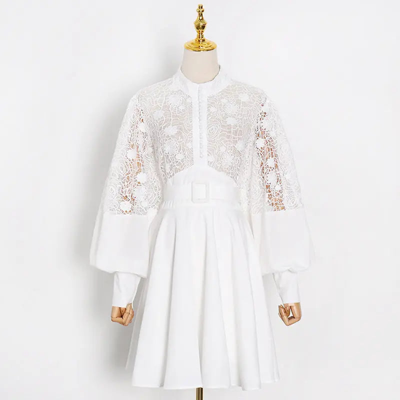 Fashion Temperament Stand Collar Lantern Sleeve Design Sexy Lace Perspective Short Dress Zunara Fashions