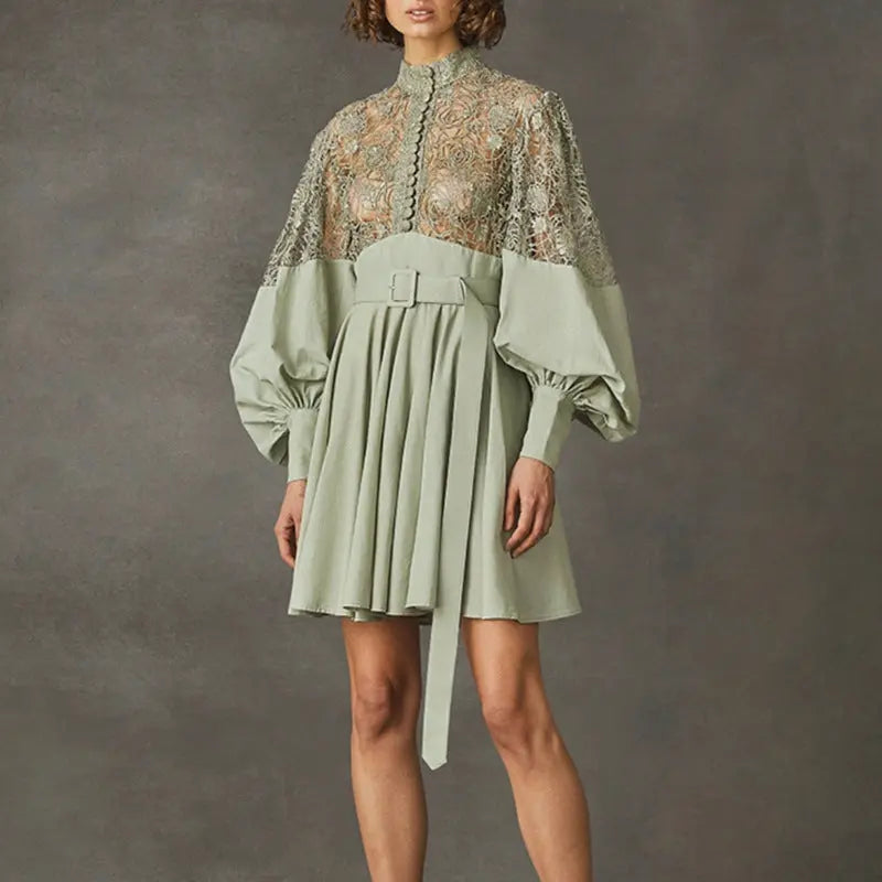 Fashion Temperament Stand Collar Lantern Sleeve Design Sexy Lace Perspective Short Dress Zunara Fashions