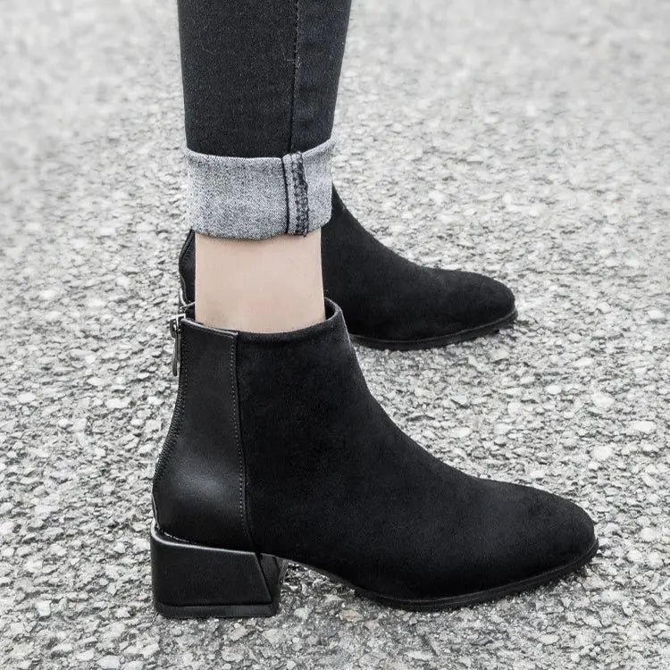 Retro Square Heel Pointed Toe Ankle Boots Fashion Versatile Chelsea Boot Women's Shoes Zunara Fashions
