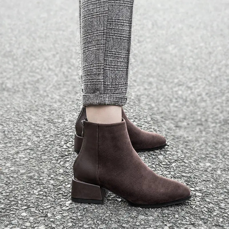 Retro Square Heel Pointed Toe Ankle Boots Fashion Versatile Chelsea Boot Women's Shoes Zunara Fashions