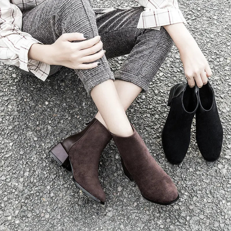 Retro Square Heel Pointed Toe Ankle Boots Fashion Versatile Chelsea Boot Women's Shoes Zunara Fashions