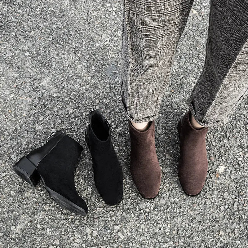 Retro Square Heel Pointed Toe Ankle Boots Fashion Versatile Chelsea Boot Women's Shoes Zunara Fashions