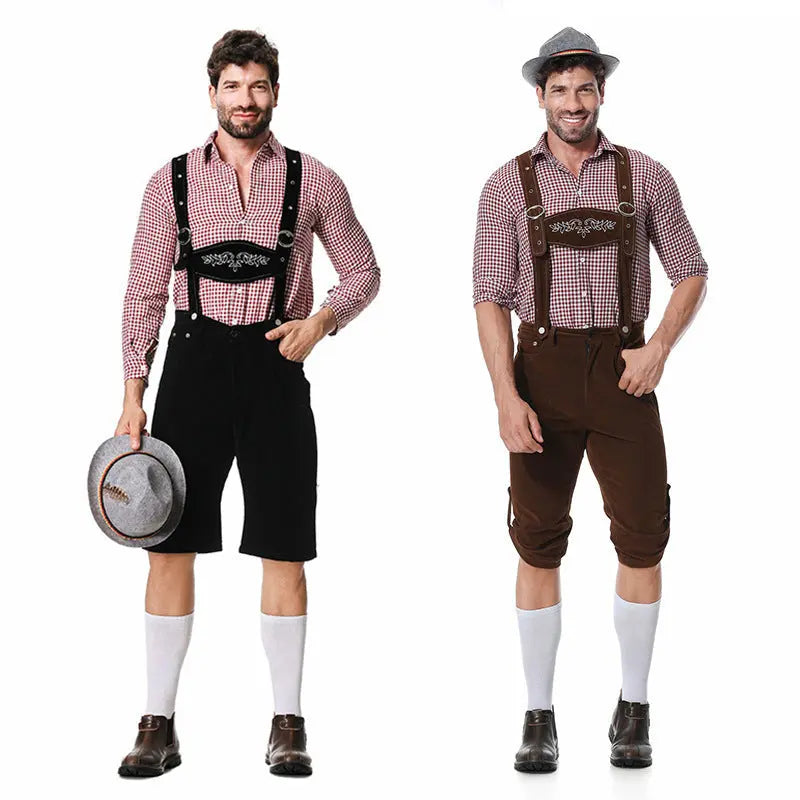 Traditional German beer festival Costume Halloween Plaid Shirt Men's Bib Hat Three-piece Suit Performance Wear Zunara Fashions
