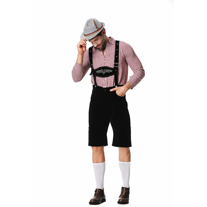 Traditional German beer festival Costume Halloween Plaid Shirt Men's Bib Hat Three-piece Suit Performance Wear Zunara Fashions