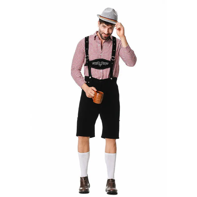 Traditional German beer festival Costume Halloween Plaid Shirt Men's Bib Hat Three-piece Suit Performance Wear Zunara Fashions