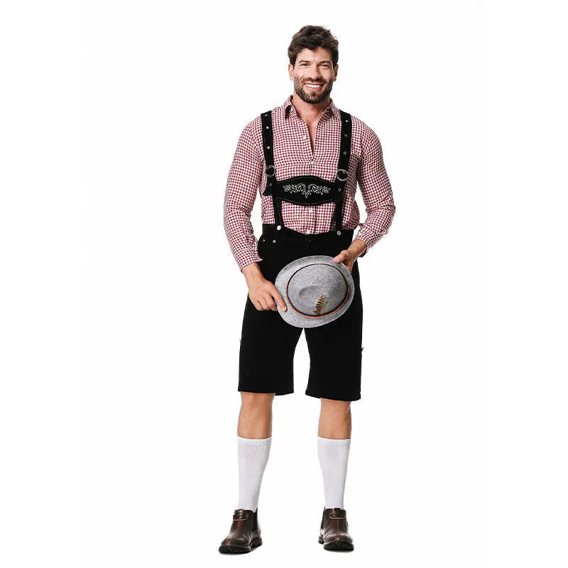Traditional German beer festival Costume Halloween Plaid Shirt Men's Bib Hat Three-piece Suit Performance Wear Zunara Fashions