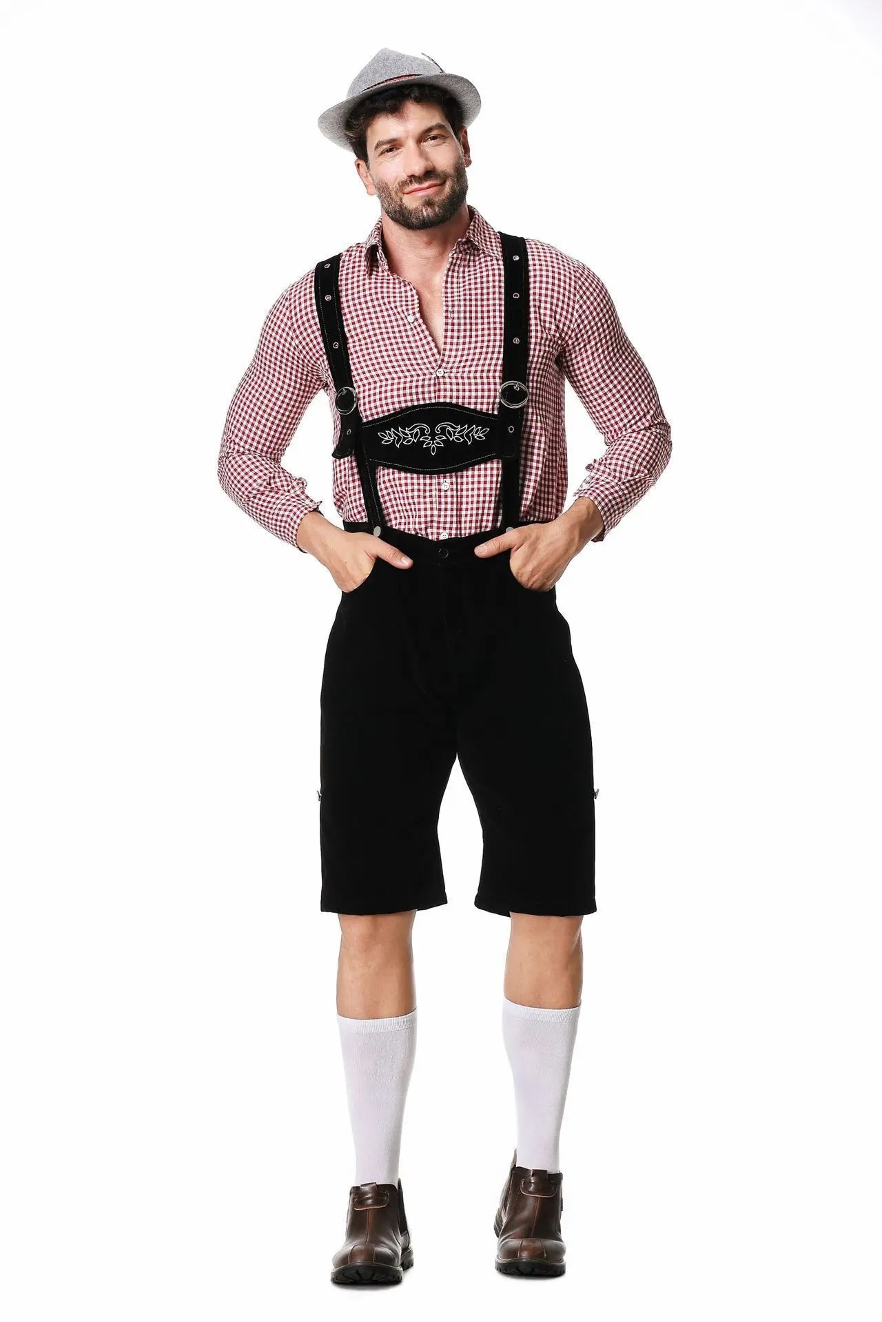 Traditional German beer festival Costume Halloween Plaid Shirt Men's Bib Hat Three-piece Suit Performance Wear Zunara Fashions